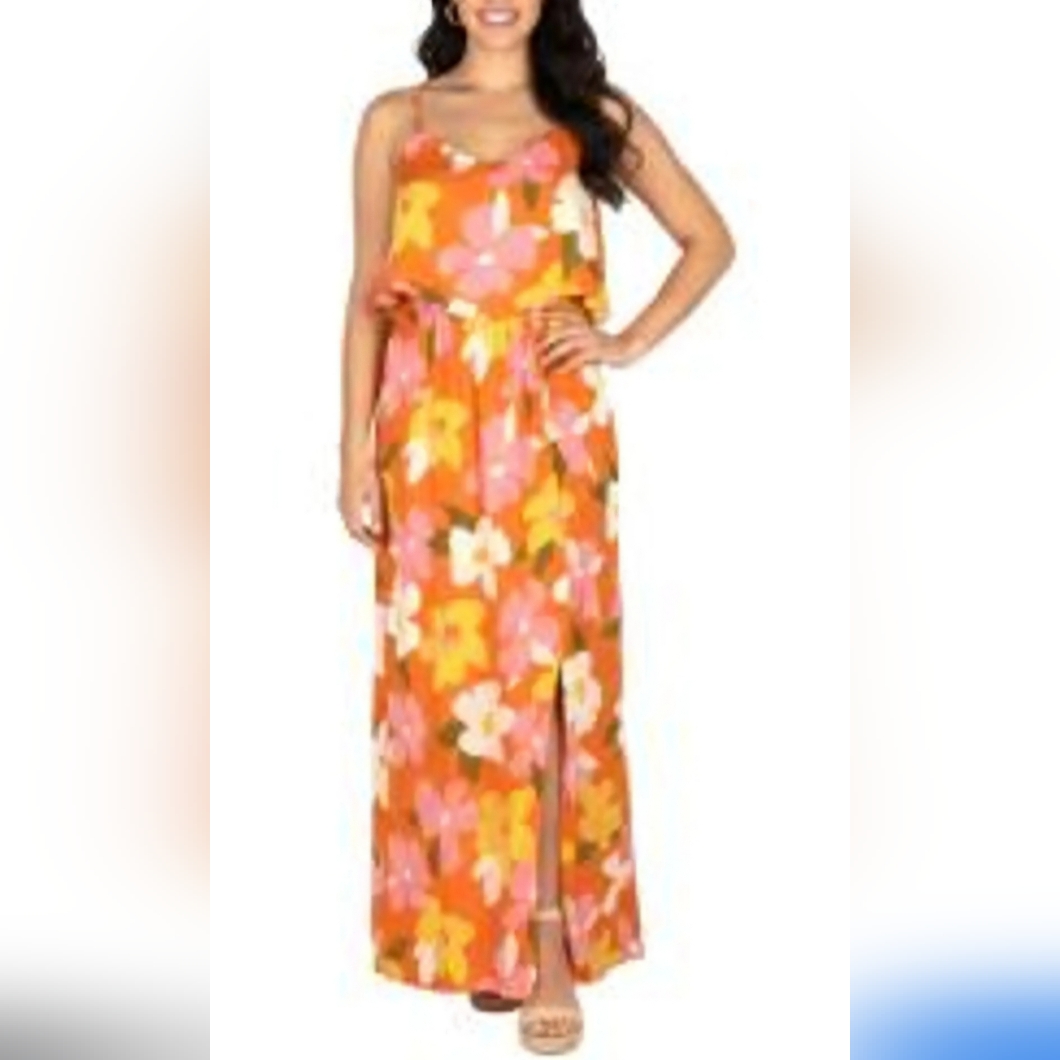 Emily Wonder Orange Floral Faux Wrap Dress, Size Large, Style#D10370, Nwot
